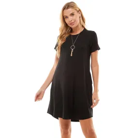 Crew Neck Short Sleeve Pockets Mini Dress in Black