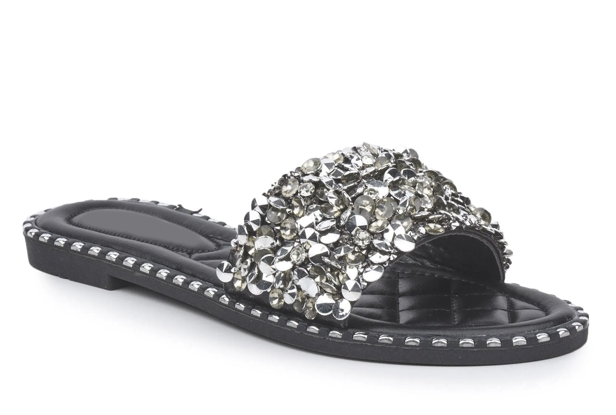 Cuba Gem Stone Cushioned Insole Open Toe Flat Slider In Black