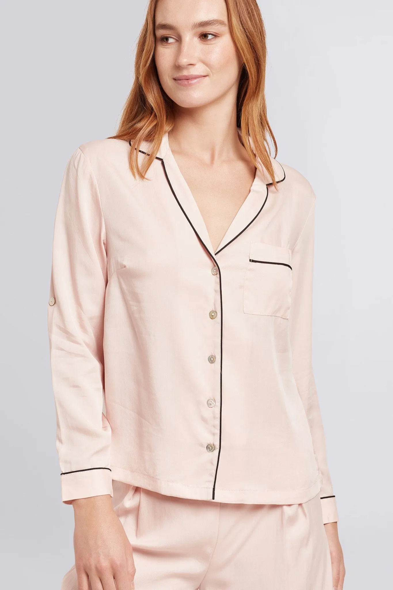 Eva Lounge Tencel™ Pyjama Set - Blush with Black Piping