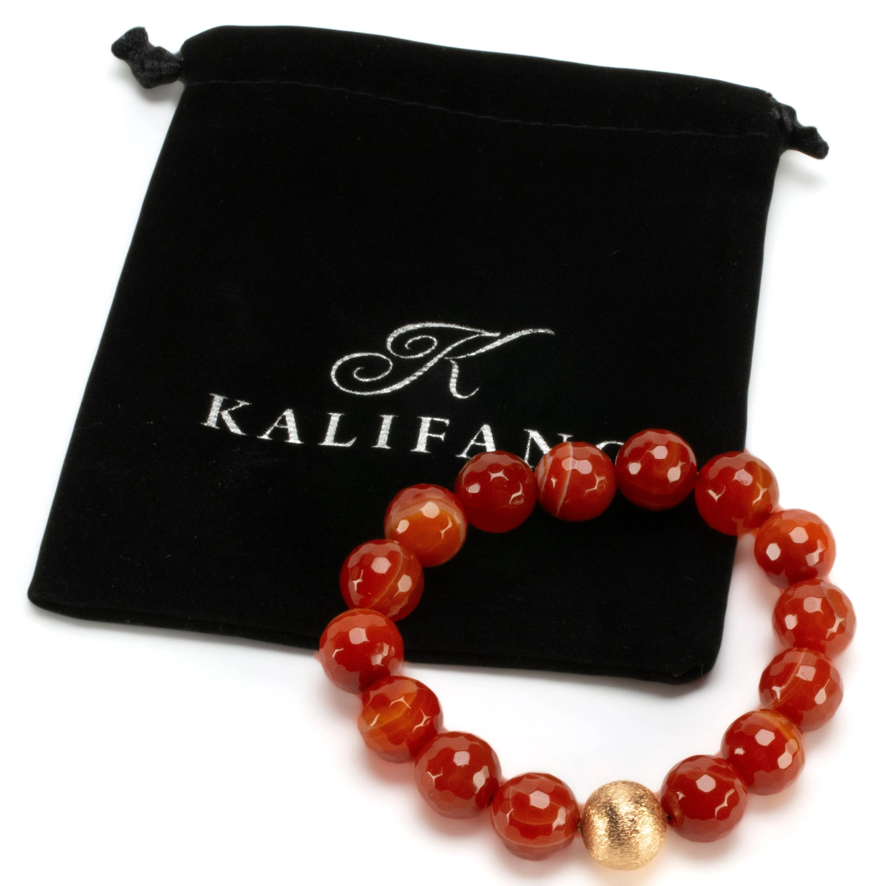 Faceted Carnelian 12mm Gemstone Elastic Bracelet with Matte Gold Accent Bead