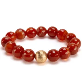 Faceted Carnelian 12mm Gemstone Elastic Bracelet with Matte Gold Accent Bead