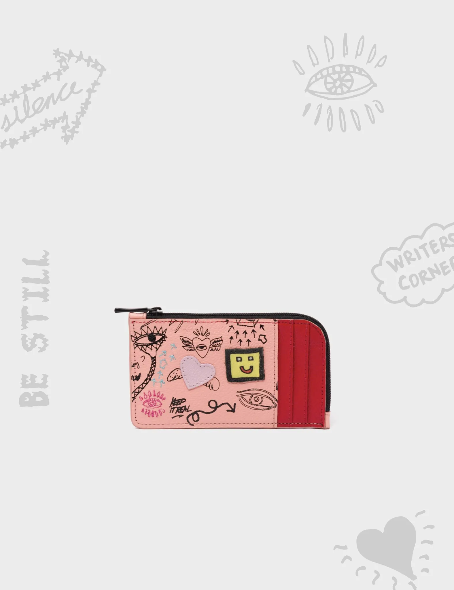 Fausto Rose Leather Zip-around Cardholder - Urban Doodles Print