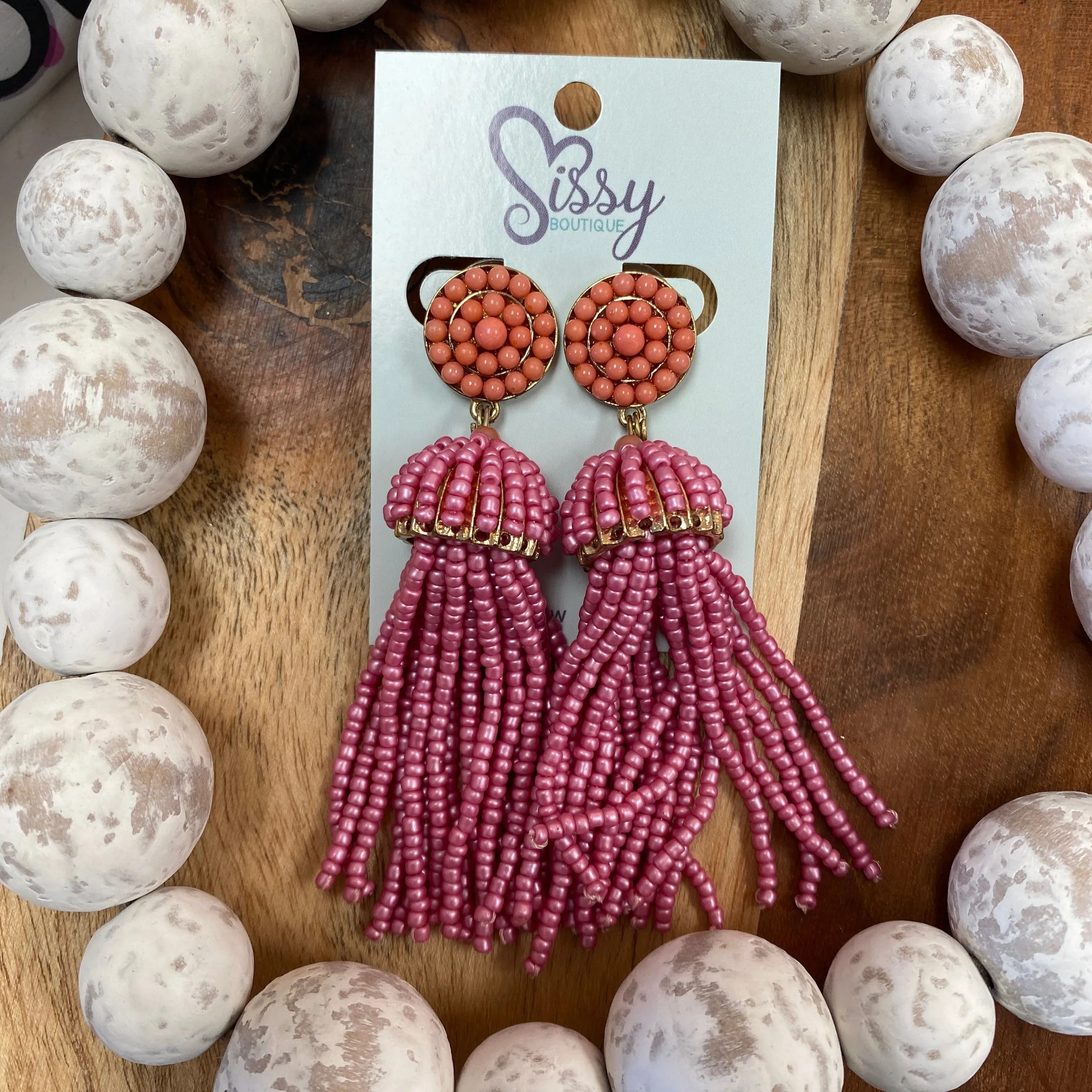 FINLEY PINK TASSEL AND GOLD SEEDBEAD EARRINGS