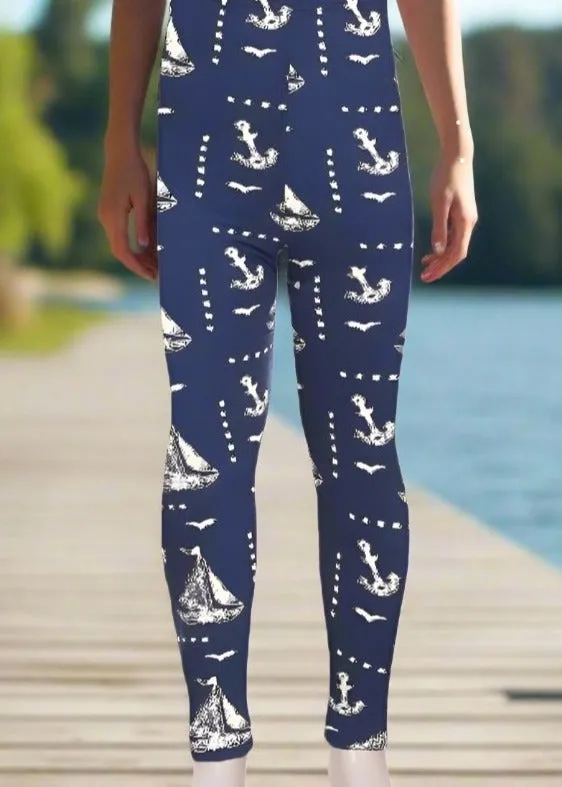 Girls Nautical Boat Leggings, Kids Yoga Pants, Sizes S/L, No-Roll Waist, Blue/White