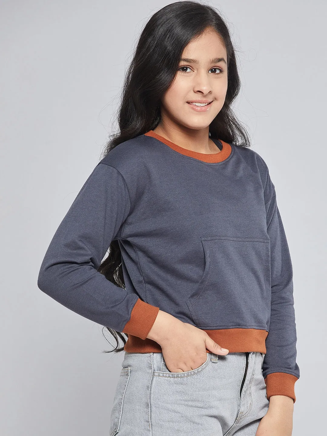 Girls Navy Terry Contrast Rib Sweatshirt