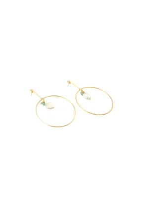 Gold Hoop Drop Earrings with Pearl and Chalcedony Accent