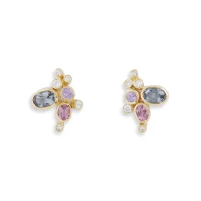 Grey and Pink Spinel Cluster Studs with Diamonds Earrings