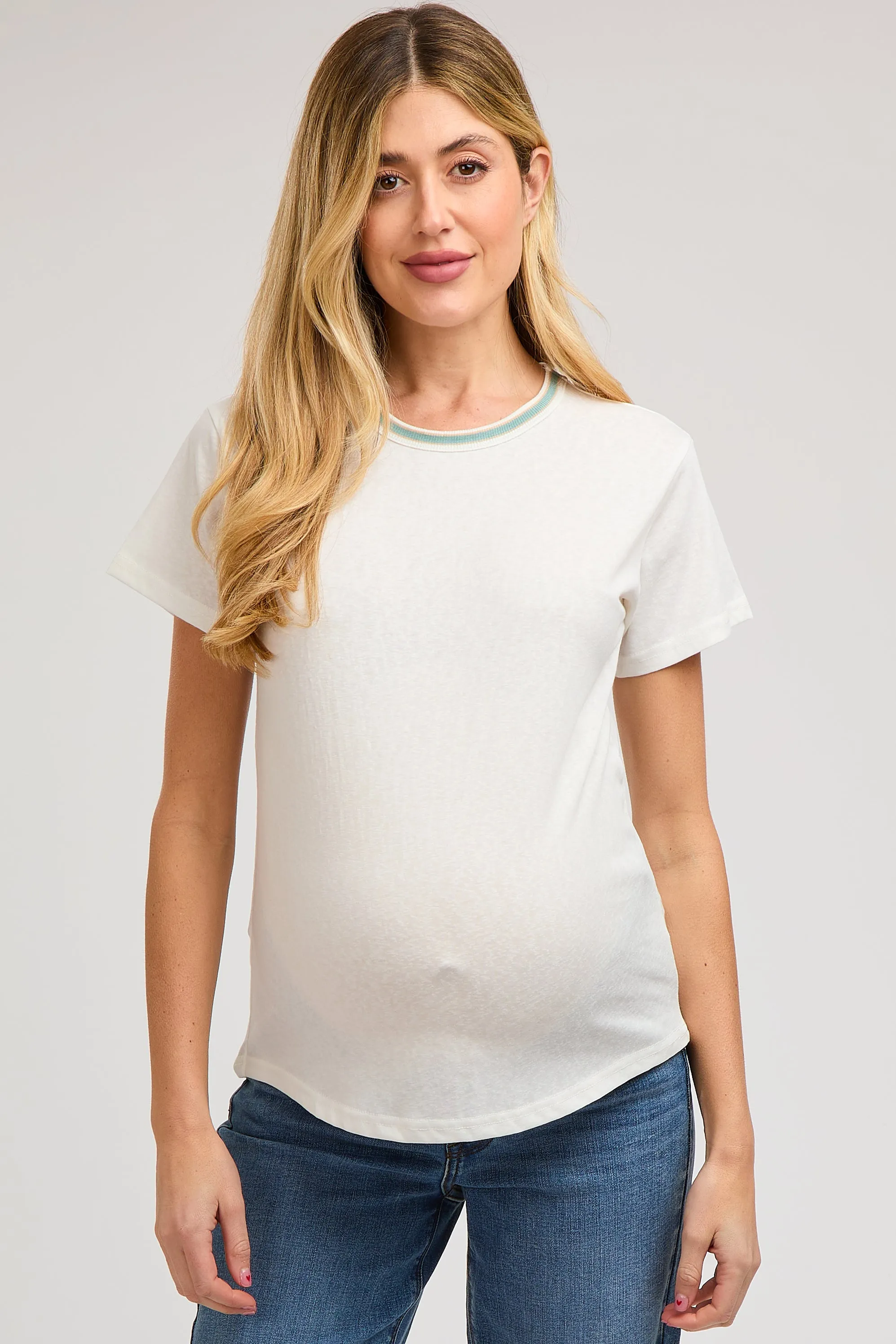 Ivory Contrast Neck Band Short Sleeve Maternity Top