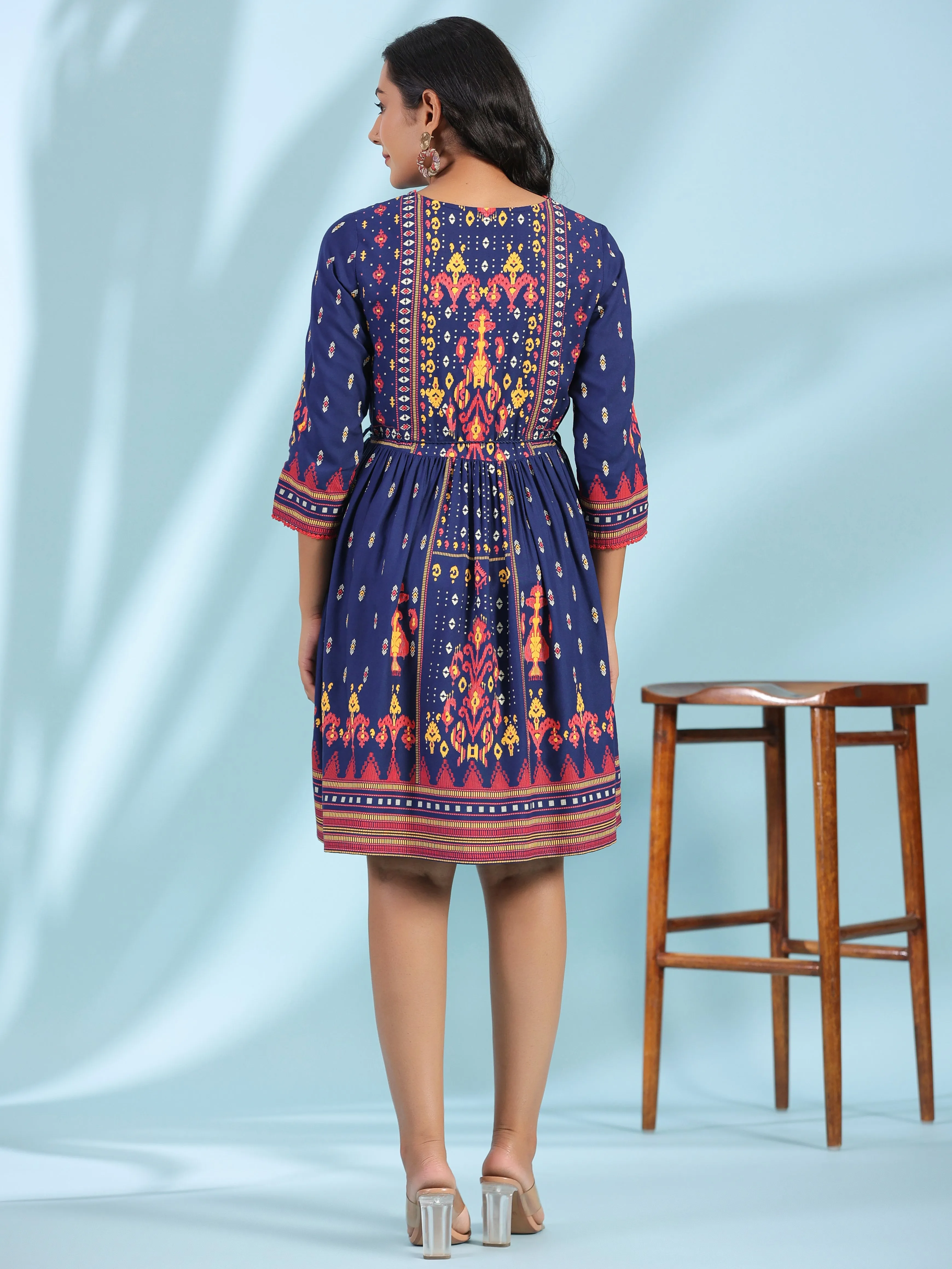 Juniper Navy Blue Rayon Ikat Printed Fit & Flare Lacy Short Dress With Dori Tie-Up At Waist