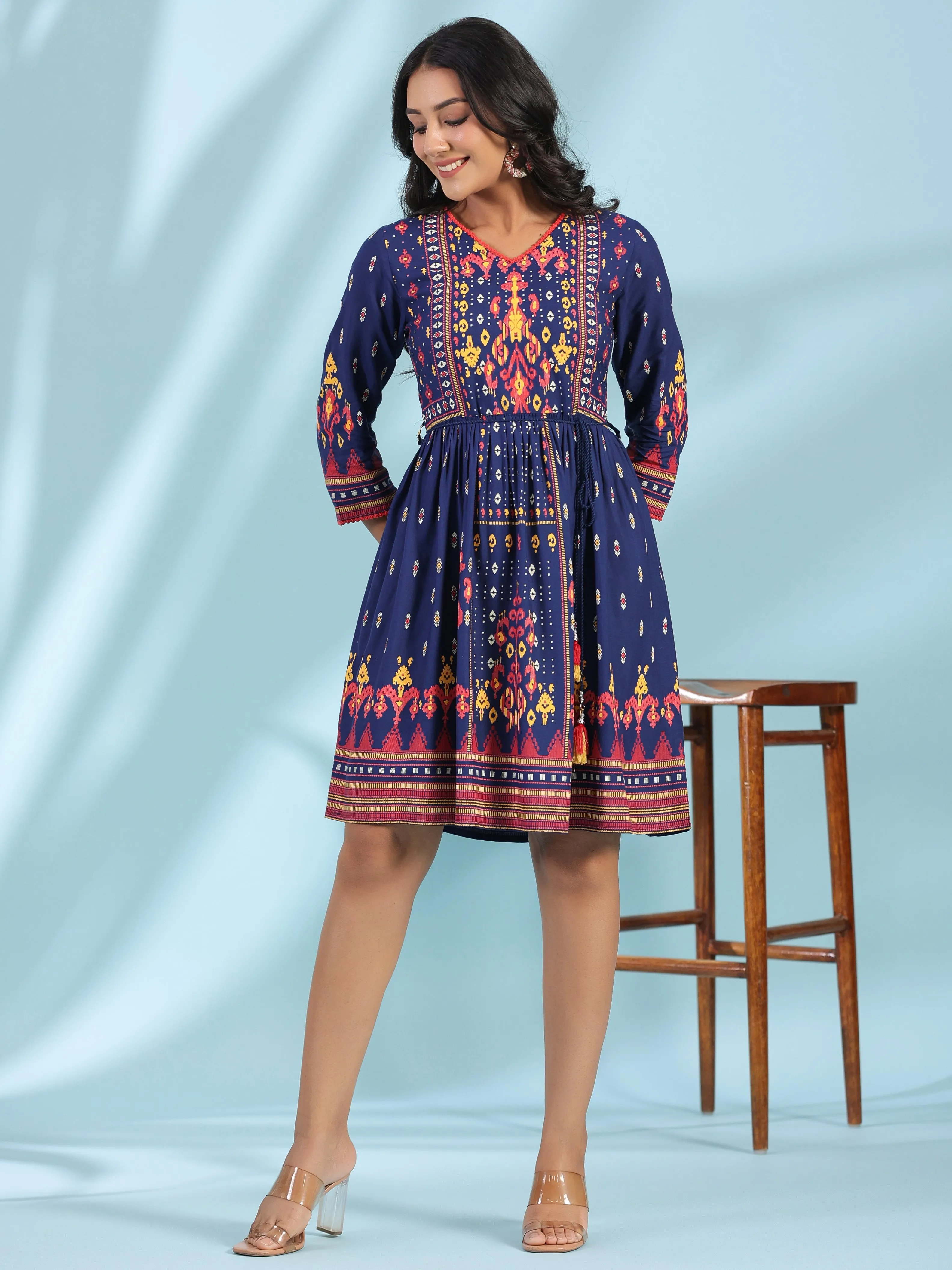 Juniper Navy Blue Rayon Ikat Printed Fit & Flare Lacy Short Dress With Dori Tie-Up At Waist