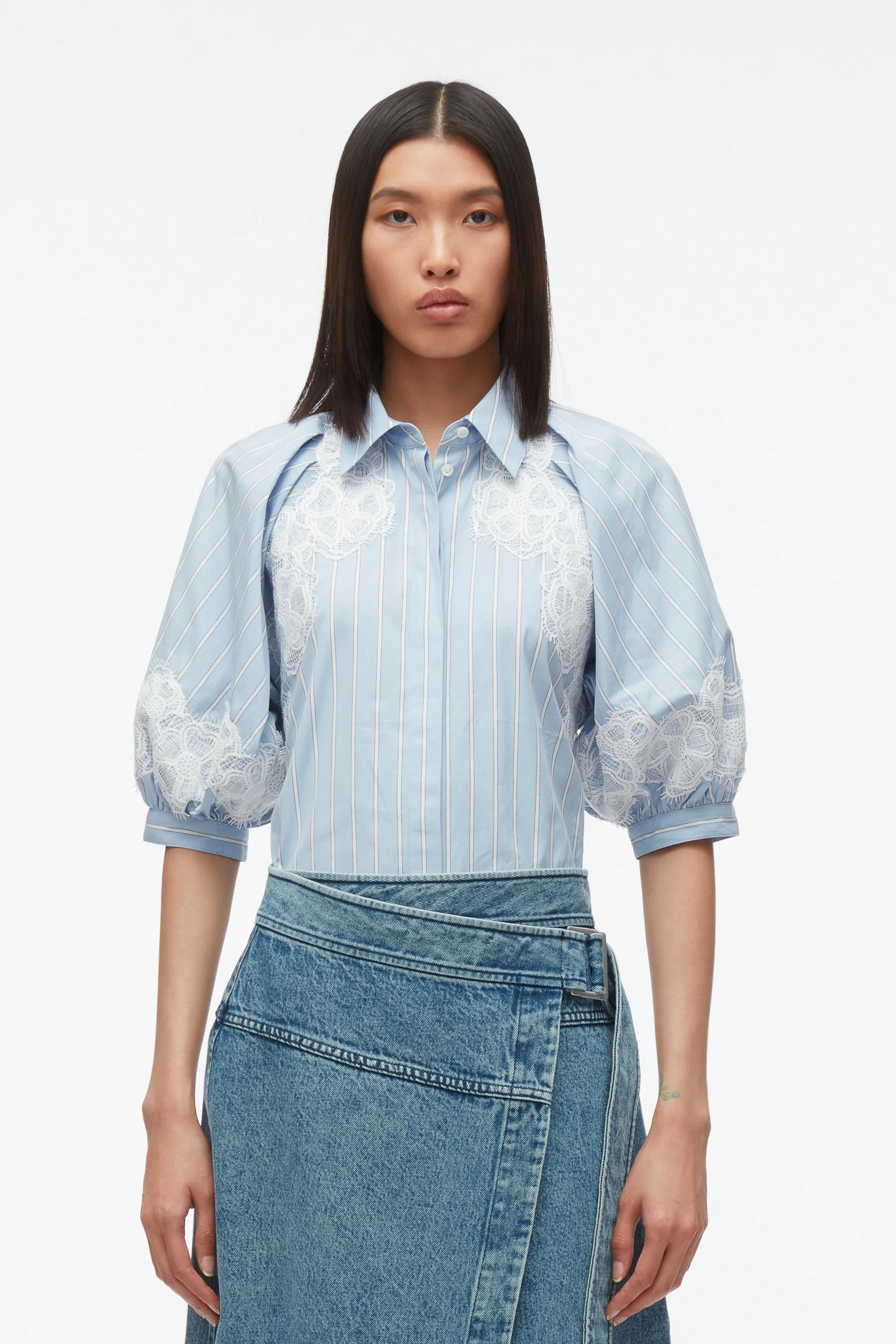 Lantern Sleeve Stripe Shirt with Lace