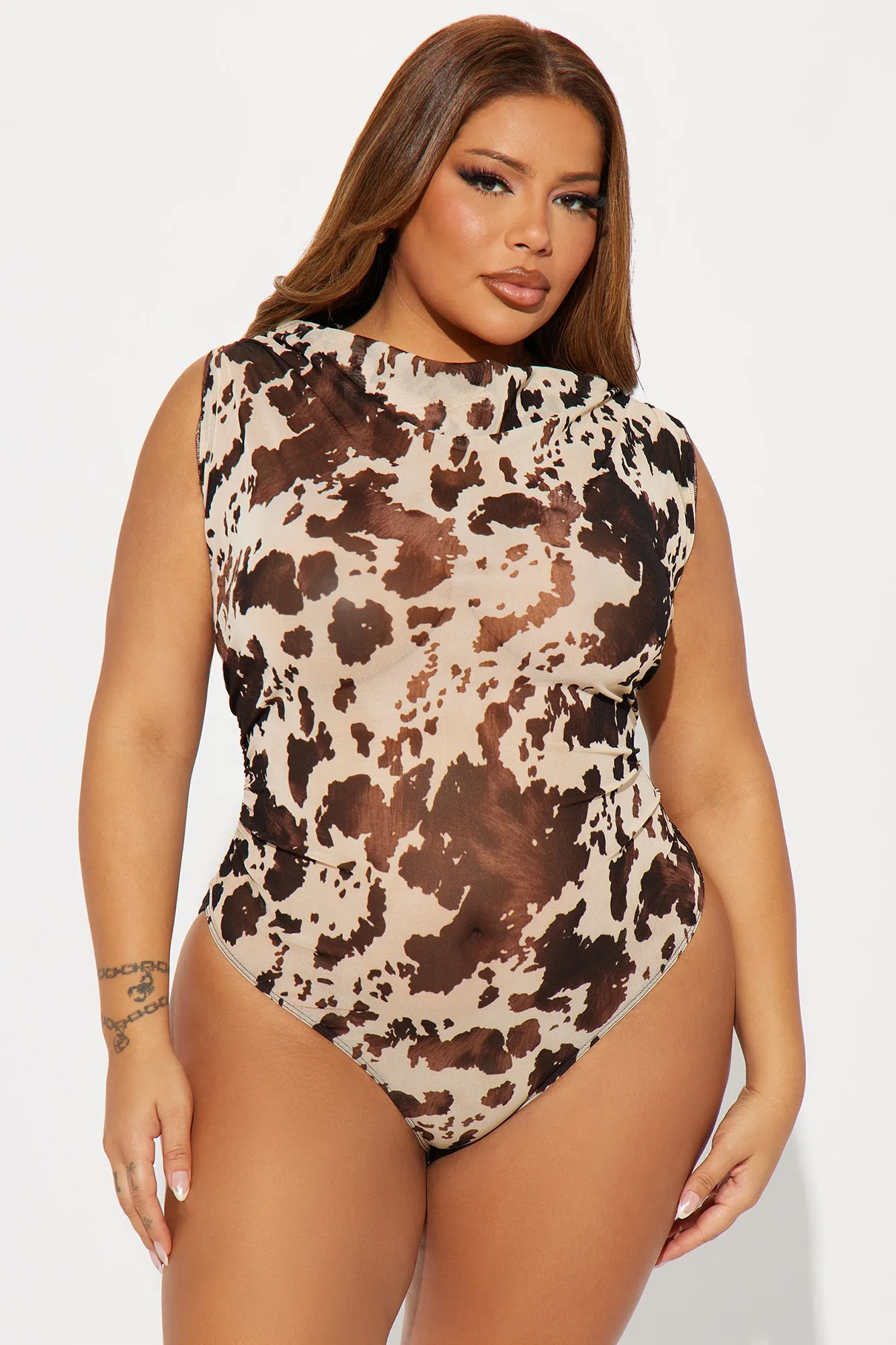 Lasso Up Mesh Bodysuit - Brown/combo