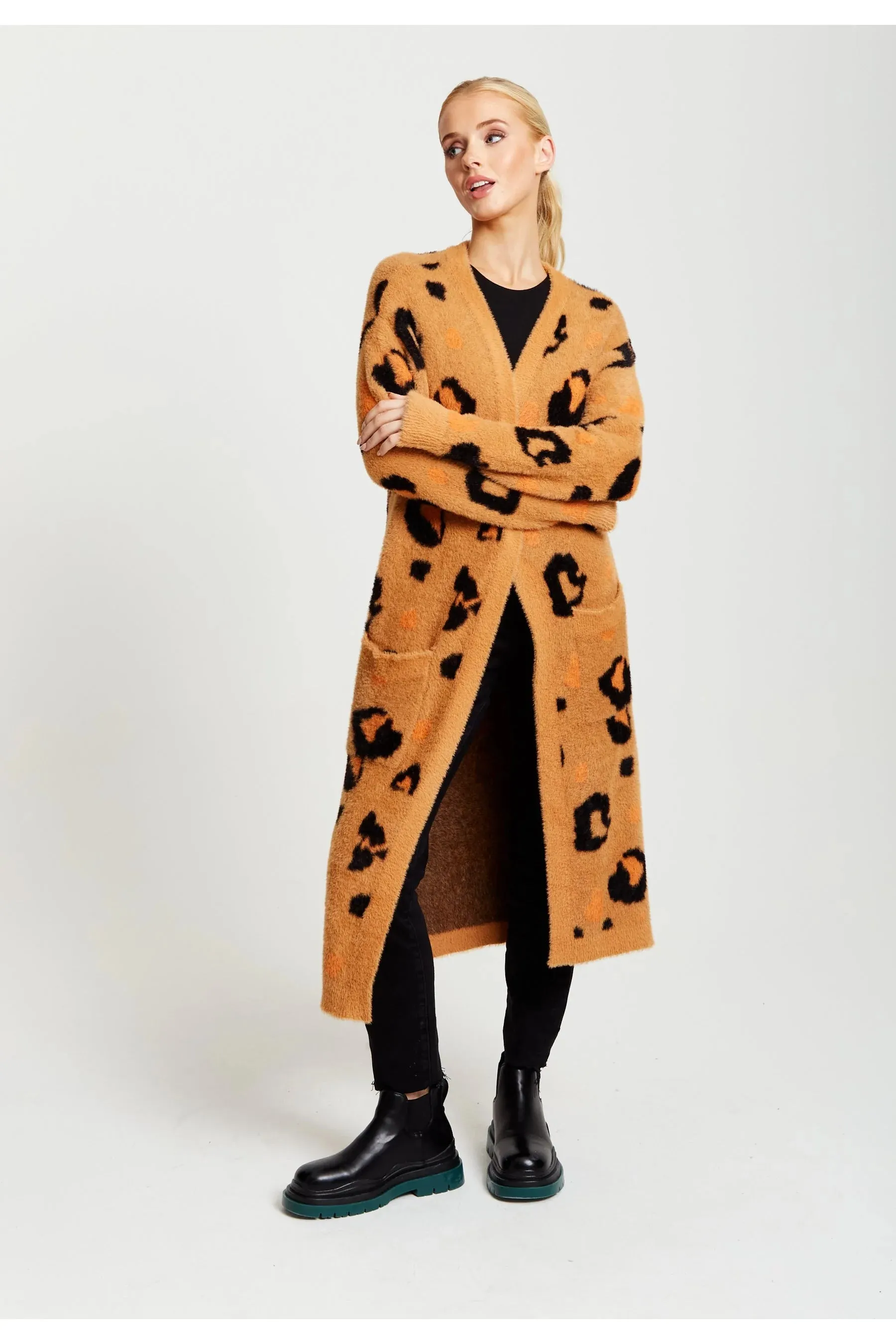 Liquorish Animal Pattern Longline Cardigan In Brown