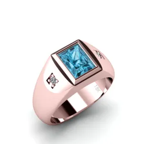 Male Gemstone Ring 18k SOLID Gold with 0.06ct Diamonds and Topaz Unique Men's Pinky Ring