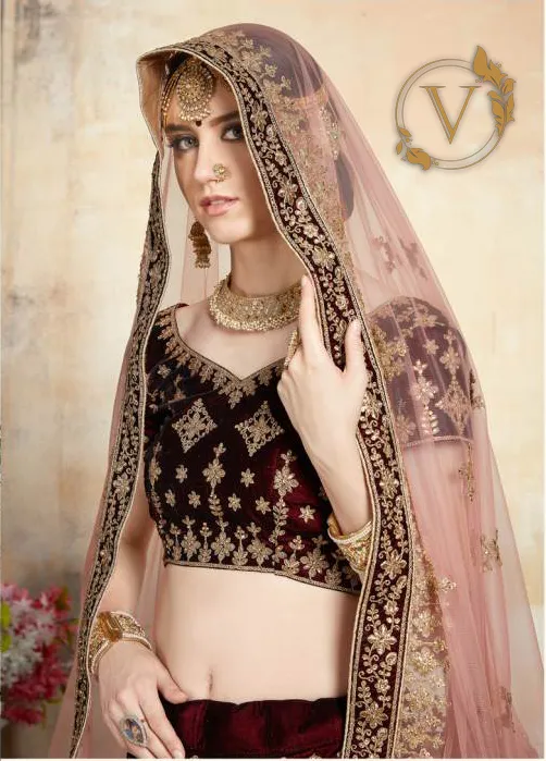 Maroon 5 Embroidered Velvet Lehenga with Dupatta