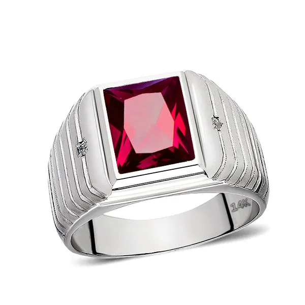 Mens Solid 14K White Gold Red Ruby Ring 0.04ct Natural Diamonds Ring for Men