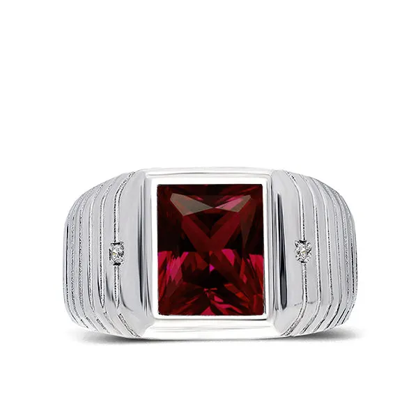 Mens Solid 14K White Gold Red Ruby Ring 0.04ct Natural Diamonds Ring for Men