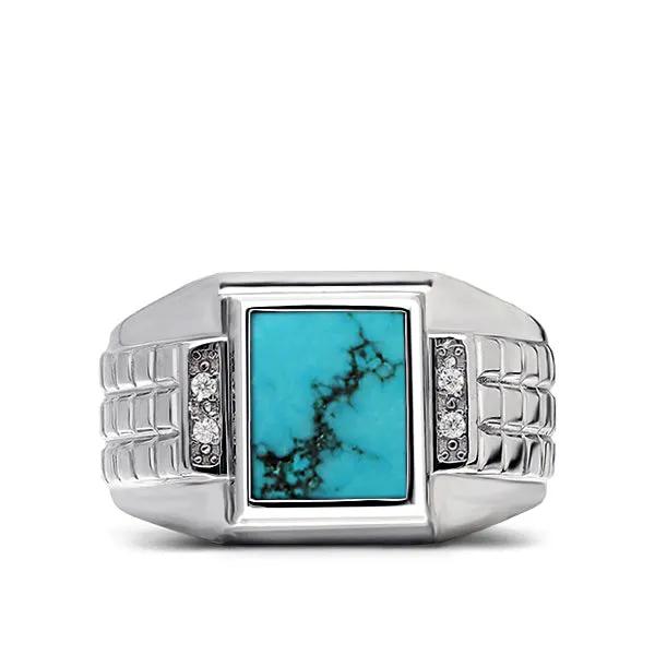 Mens Solid 14K White Gold Turquoise Ring 0.08ct Natural 4 Diamonds Ring for Man