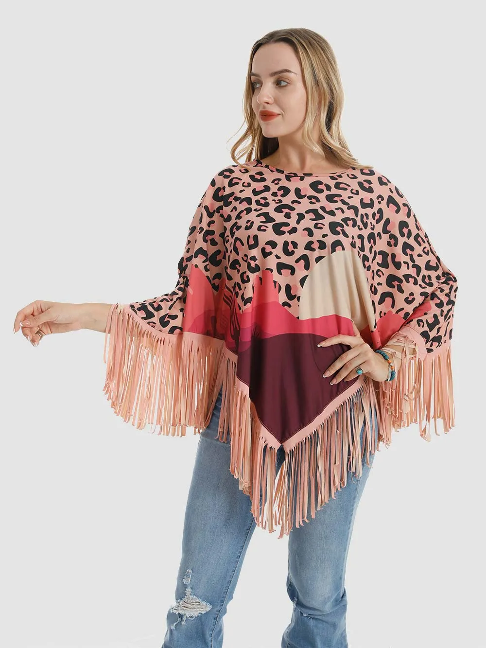 Montana West Pink Desert Sunset Print Fringe Poncho