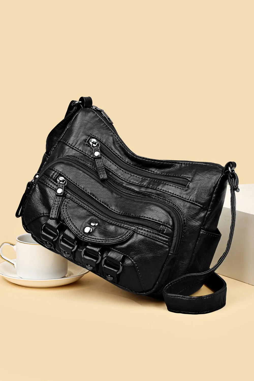 Multi-Pocket Vegan Leather Hobo with Buckle Accents