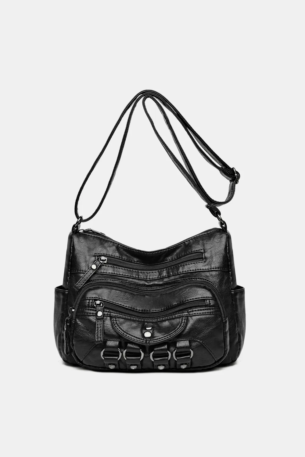 Multi-Pocket Vegan Leather Hobo with Buckle Accents