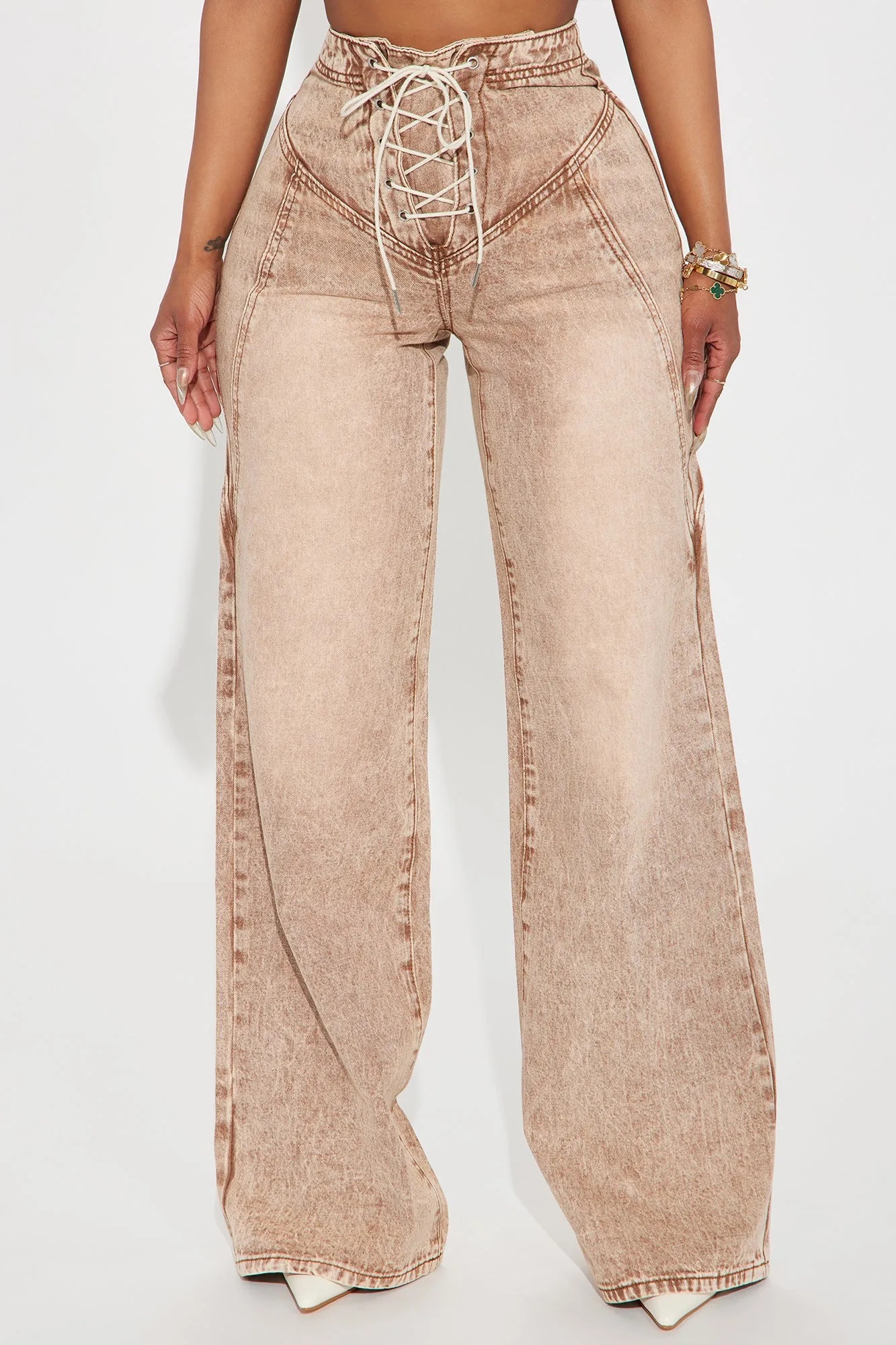 No Exception Lace Up Baggy Jeans - Brown