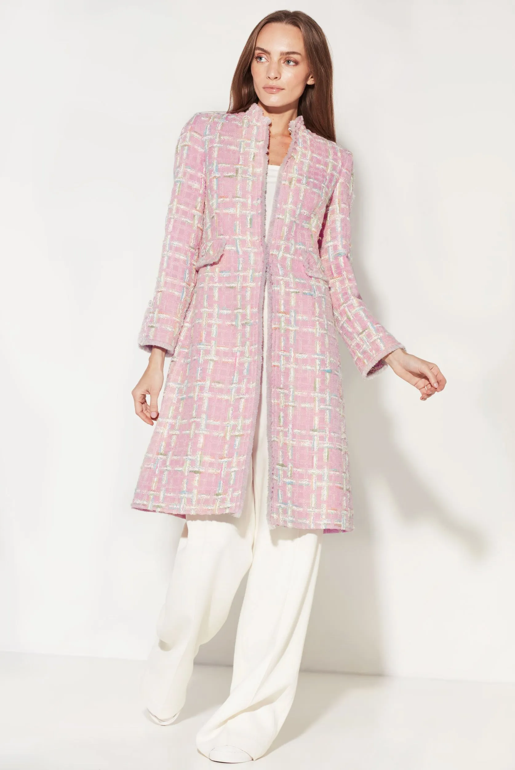 Pale Pink Tweed Dress-Coat with Pastel Checks - Claire