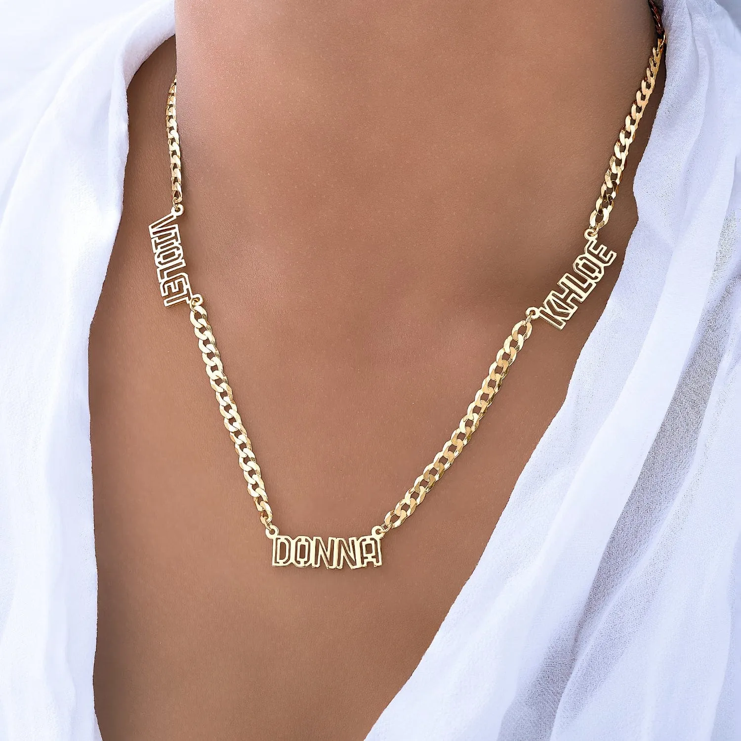 Personalized Nameplate Necklace w/ Three Cut-Out Names on Cuban Chain