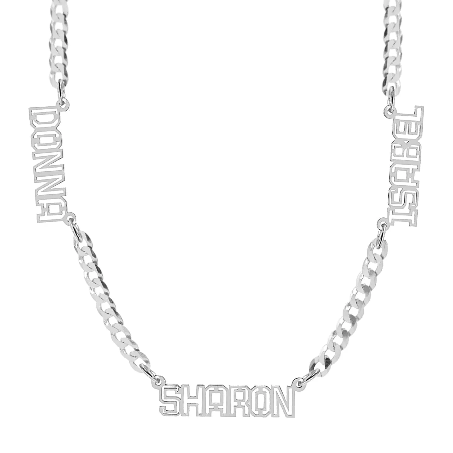 Personalized Nameplate Necklace w/ Three Cut-Out Names on Cuban Chain