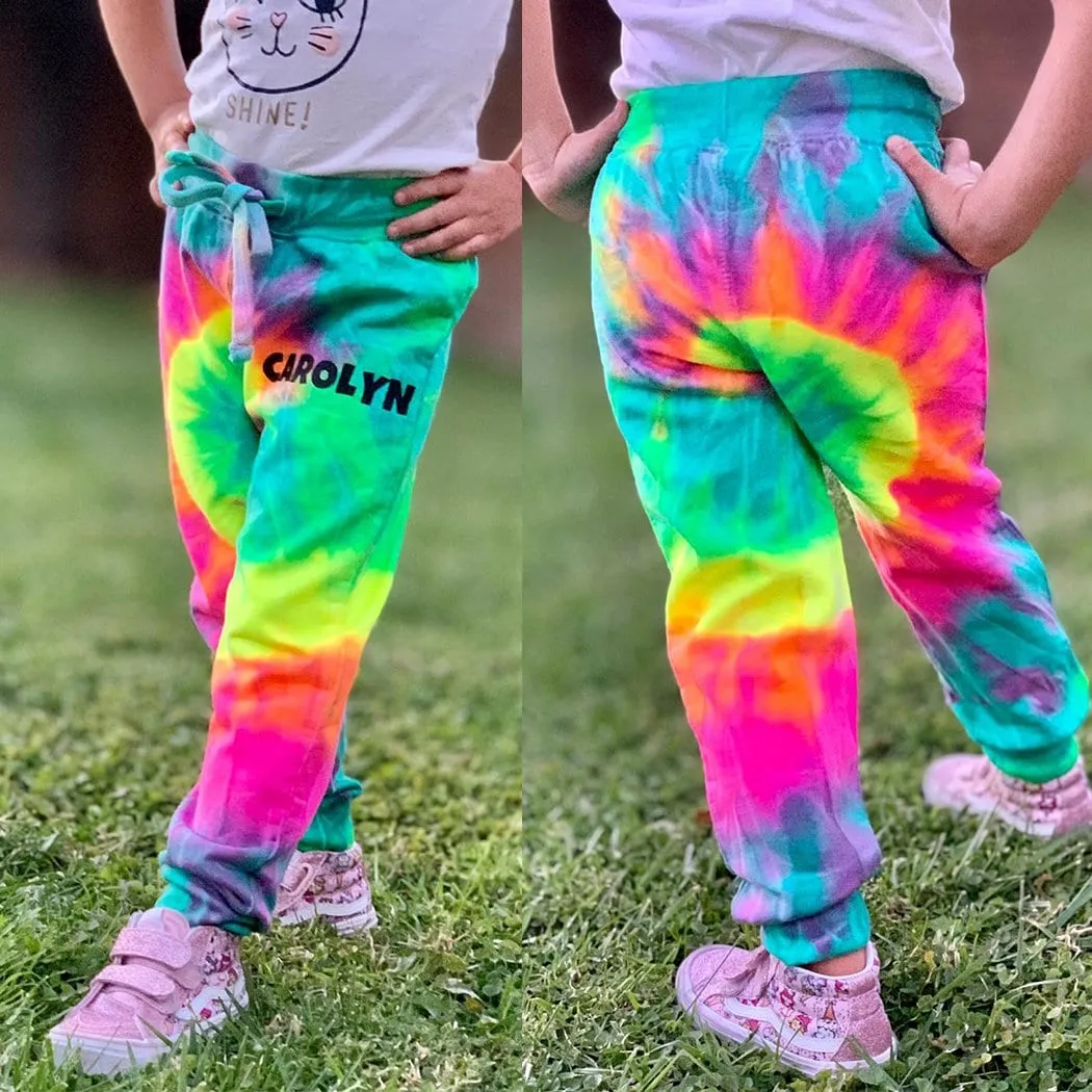 Personalized Neon Tie Dye Fleece Jogger Pants - Aqua/Pink