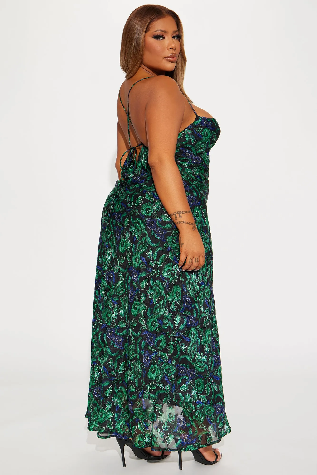 Picking Petals Satin Maxi Dress - Green/combo