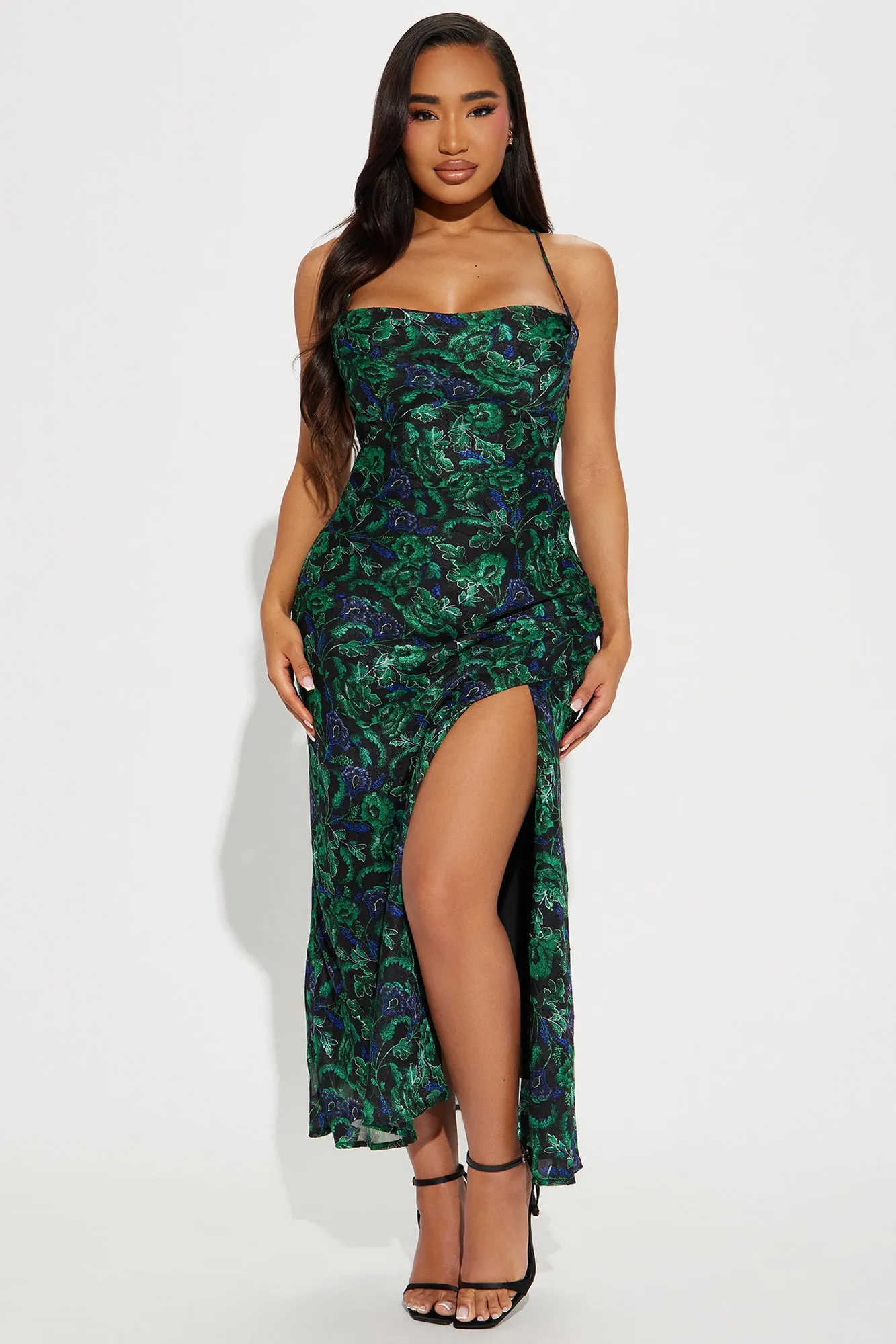 Picking Petals Satin Maxi Dress - Green/combo