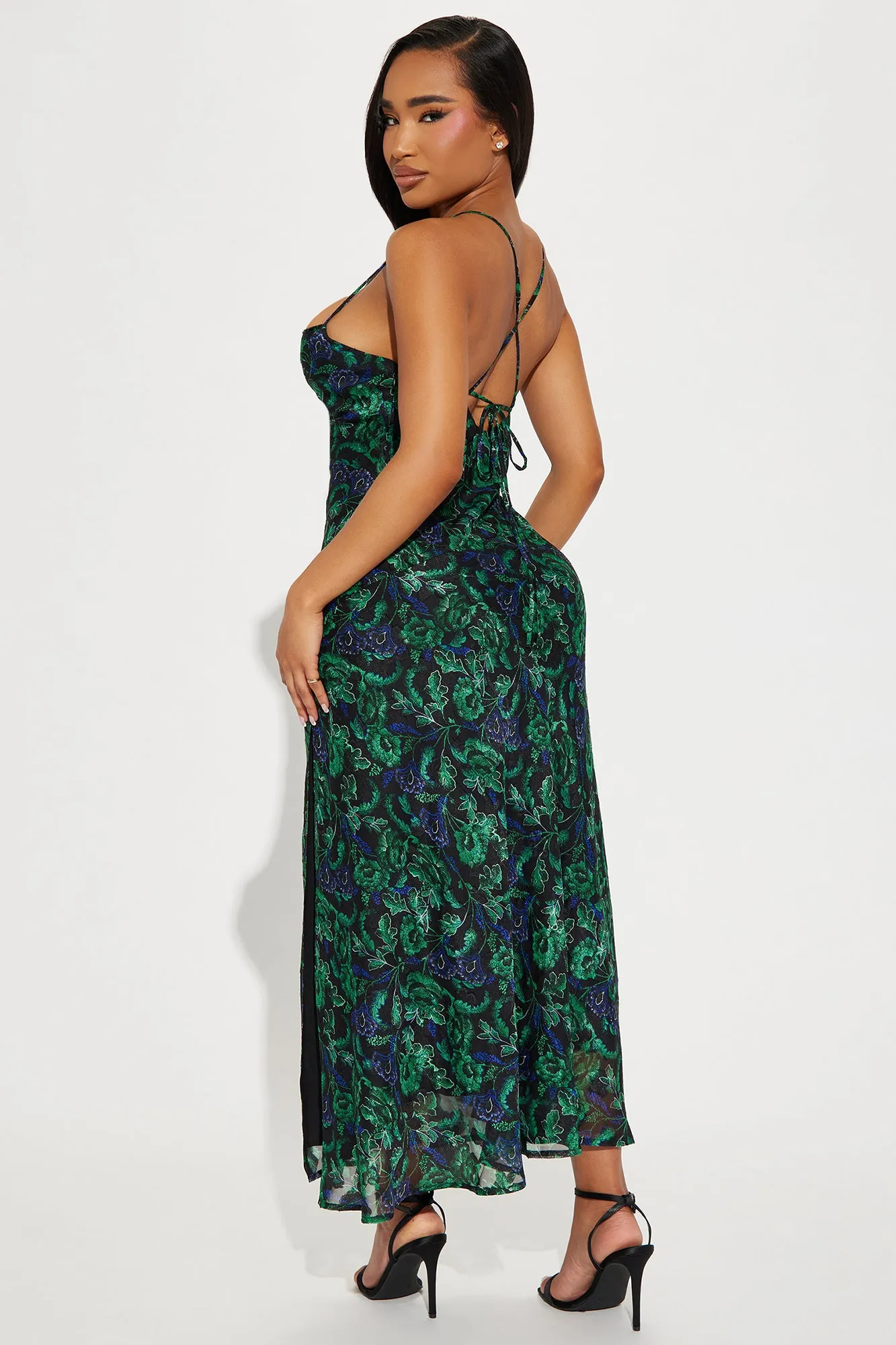 Picking Petals Satin Maxi Dress - Green/combo