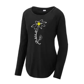 Pickleball Flower (Yellow, Cyan, Green or Rainbow) | Women's Long Sleeve Scoop Neck Pickleball Shirts | 75/13/12 poly/cotton/rayon