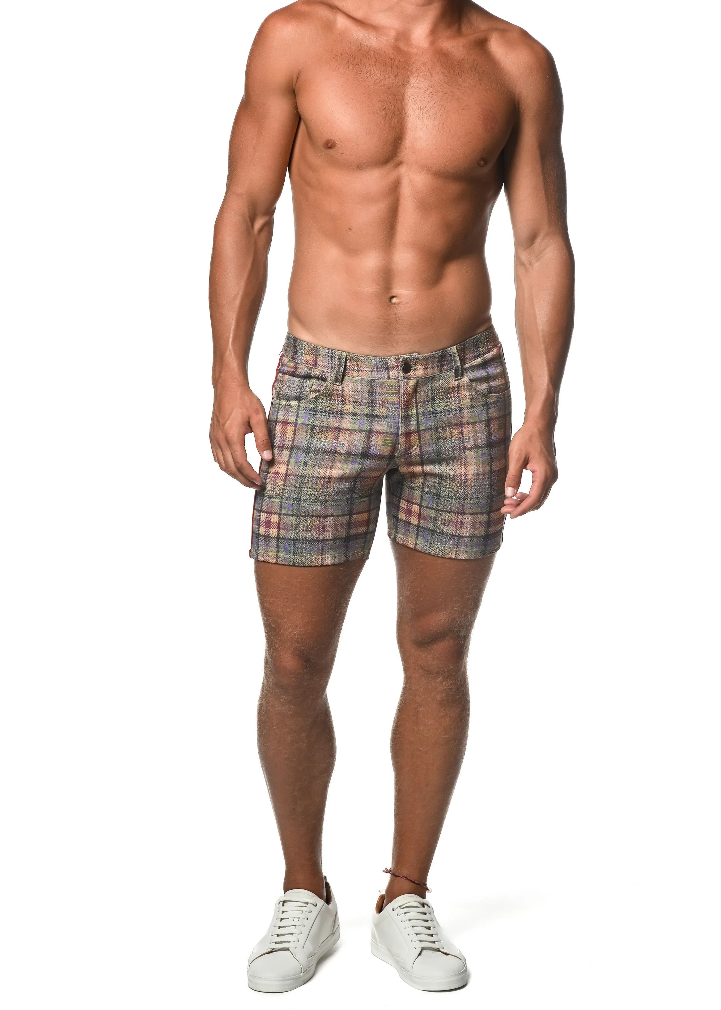 PLAID STRETCH KNIT SHORT W/ SIDE TAPE