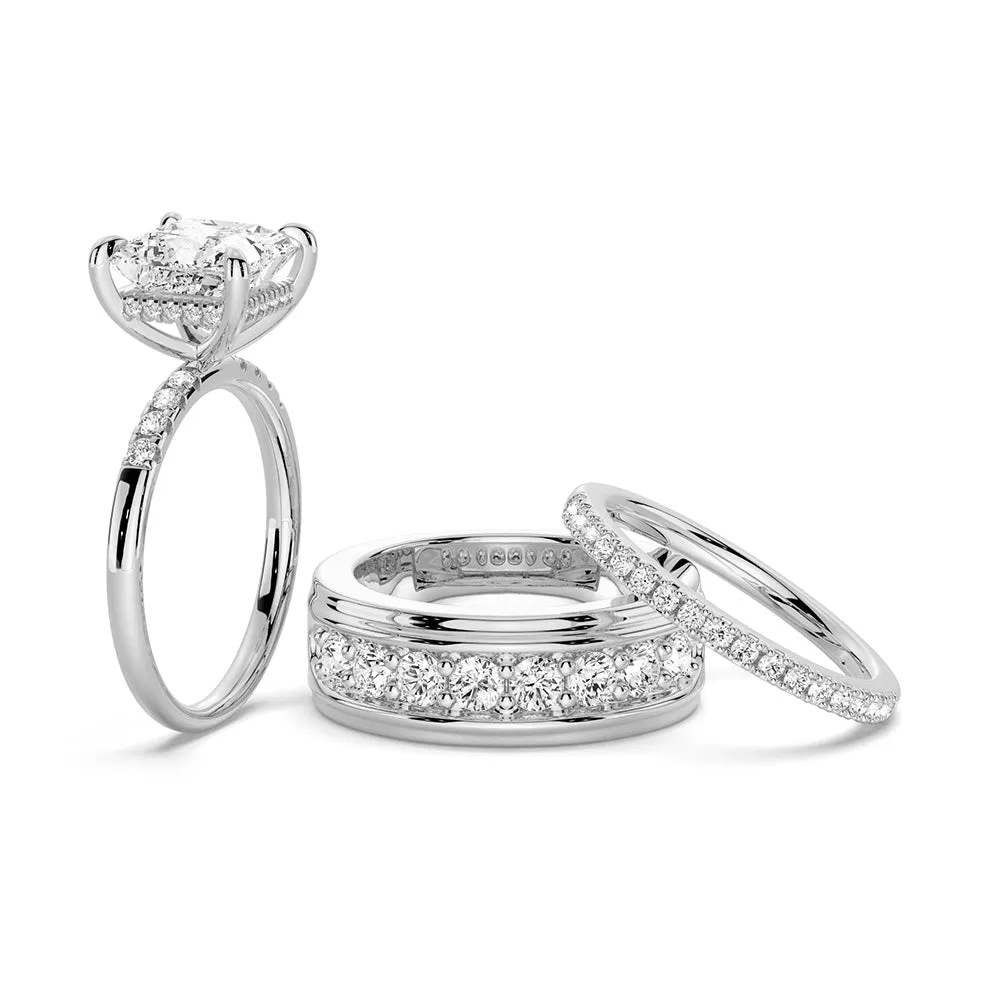 Princess Cut Moissanite With Hidden Halo Bridal Set with Men's Wedding Band