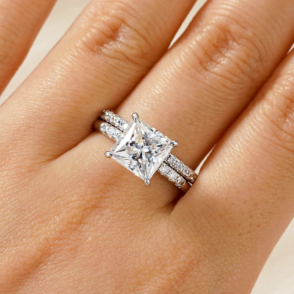 Princess Cut Moissanite With Hidden Halo Bridal Set with Men's Wedding Band