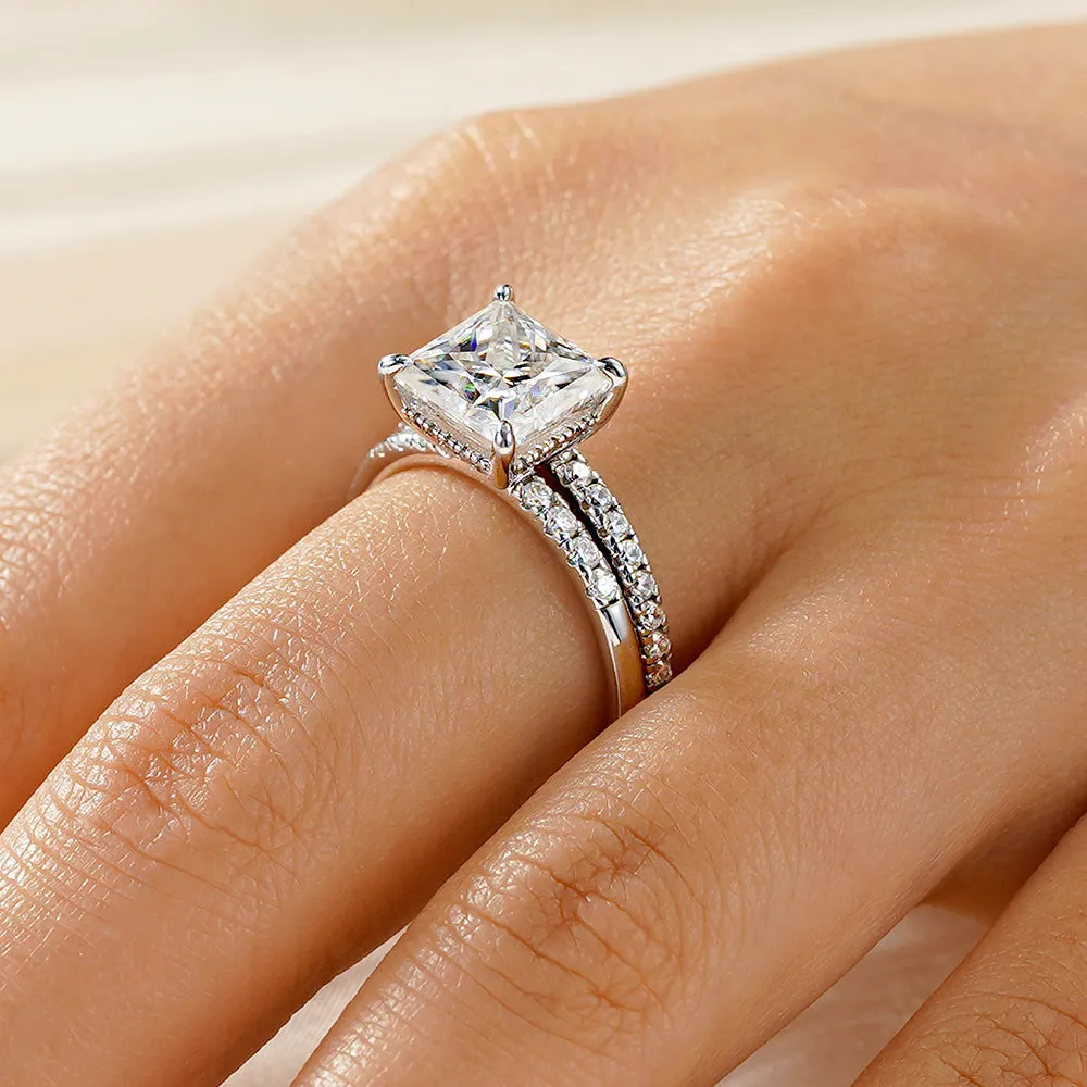 Princess Cut Moissanite With Hidden Halo Bridal Set with Men's Wedding Band