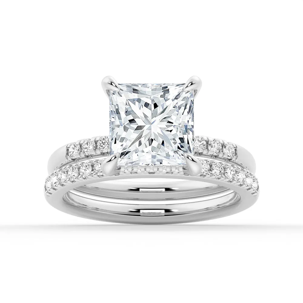 Princess Cut Moissanite With Hidden Halo Bridal Set with Men's Wedding Band