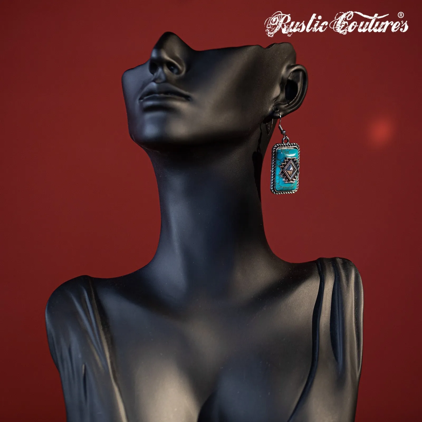 Rustic Couture's Bohemian Rectangle Dangle Aztec Turquoise Stone Earring