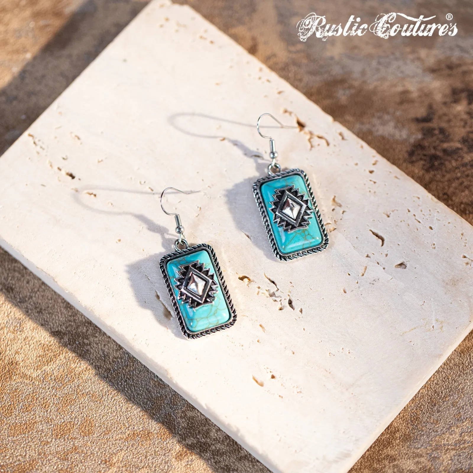 Rustic Couture's Bohemian Rectangle Dangle Aztec Turquoise Stone Earring