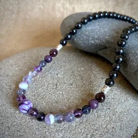 Short Shungite Necklace, Violet Gemstones, Crown Chakra, Sterling Silver