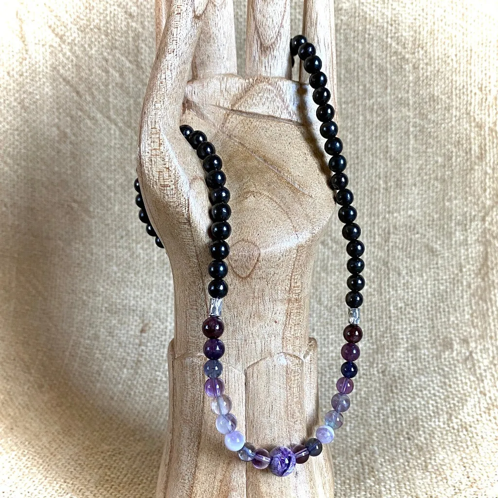 Short Shungite Necklace, Violet Gemstones, Crown Chakra, Sterling Silver