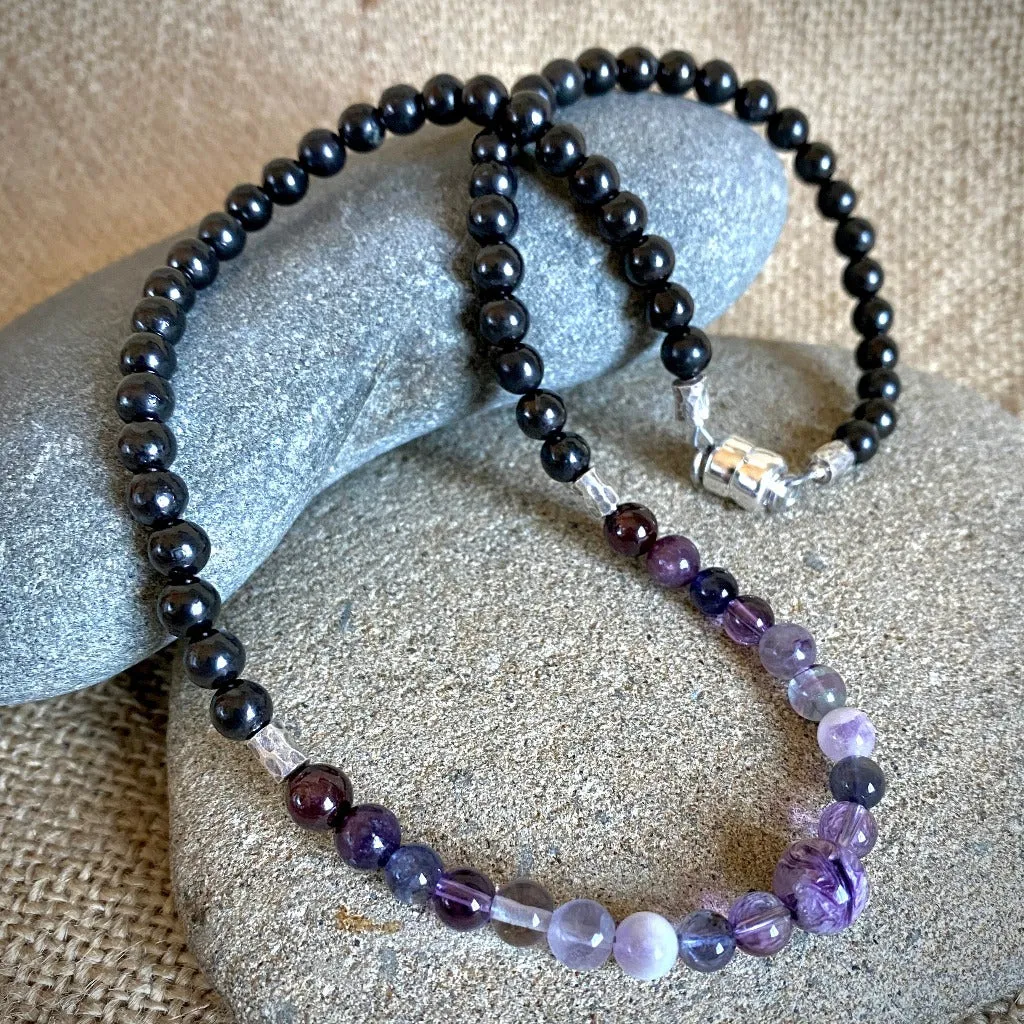 Short Shungite Necklace, Violet Gemstones, Crown Chakra, Sterling Silver