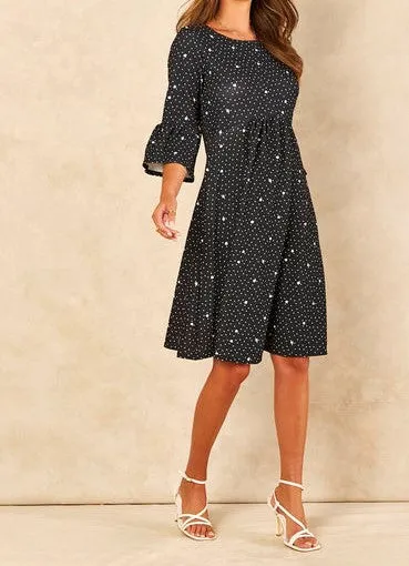 Signage Flute Sleeve Star And Spot Printed Skater Dress