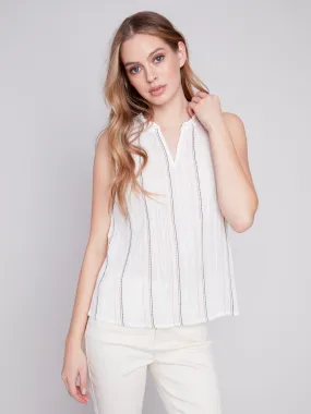 Sleeveless Printed Ruffle Neck Blouse - Stripes