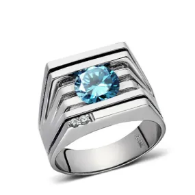 Solid 14K White GOLD Men's Ring REAL with Blue Topaz and GENUINE DIAMONDS