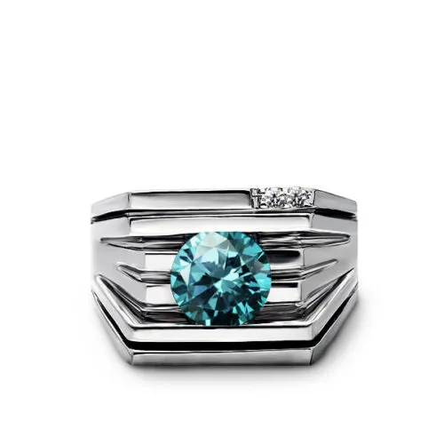 Solid 14K White GOLD Men's Ring REAL with Blue Topaz and GENUINE DIAMONDS