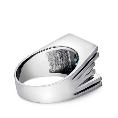 Solid 14K White GOLD Men's Ring REAL with Blue Topaz and GENUINE DIAMONDS