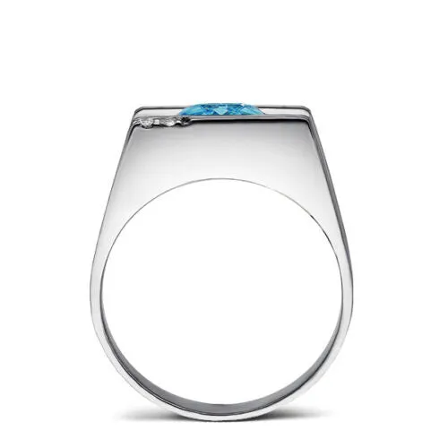 Solid 14K White GOLD Men's Ring REAL with Blue Topaz and GENUINE DIAMONDS